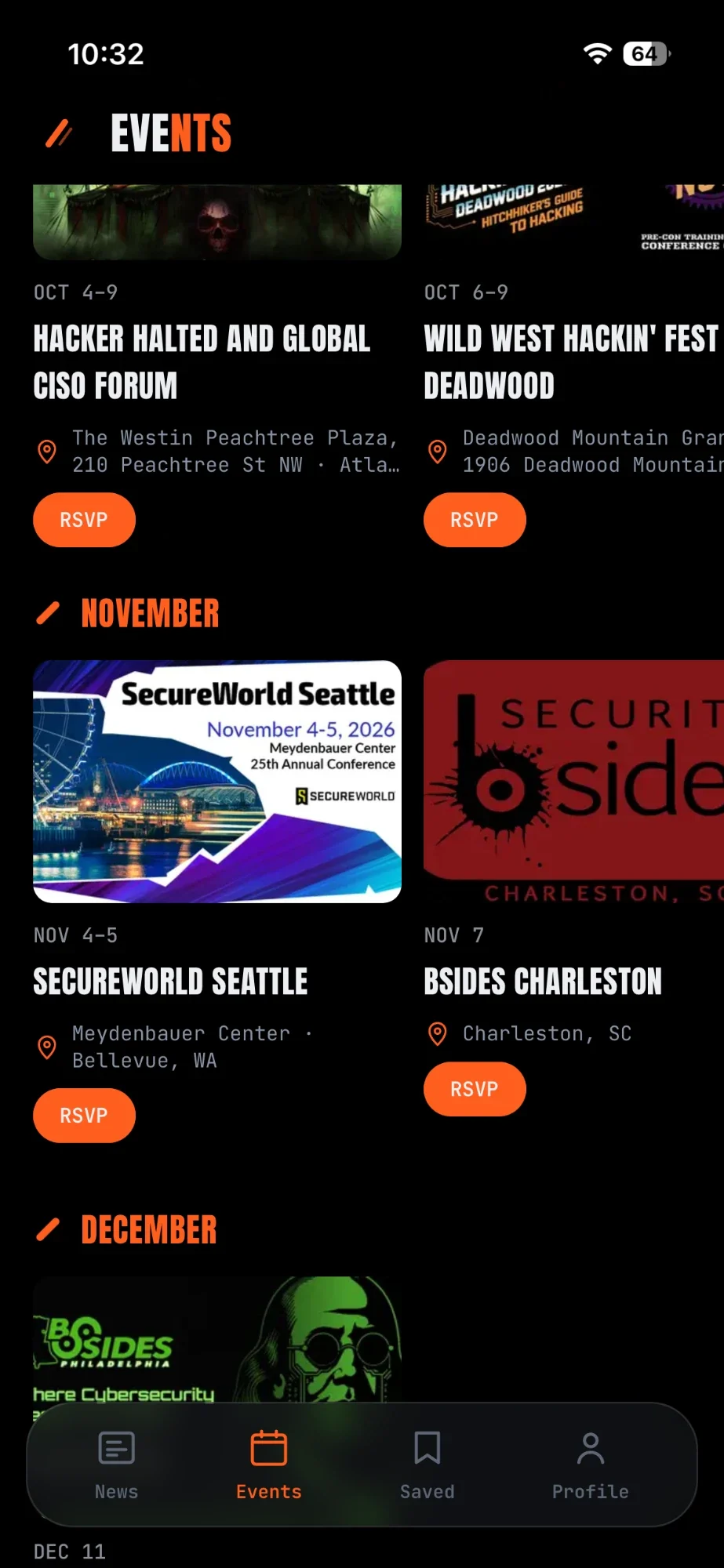 The Events tab: upcoming security conferences