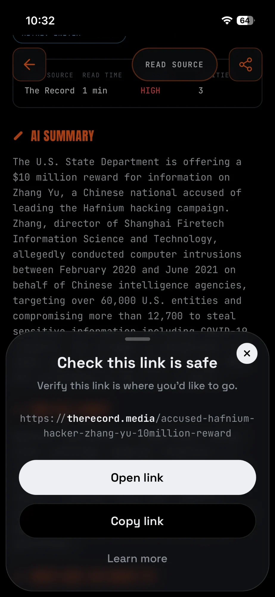 The link check sheet showing where a link goes before opening it