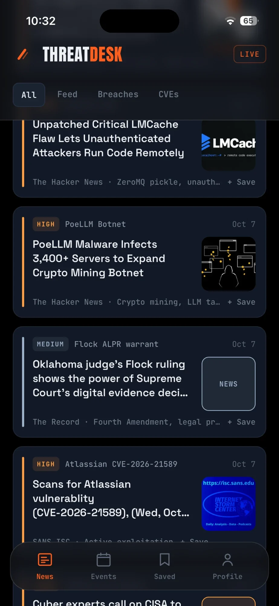 The News feed: severity-tagged security stories